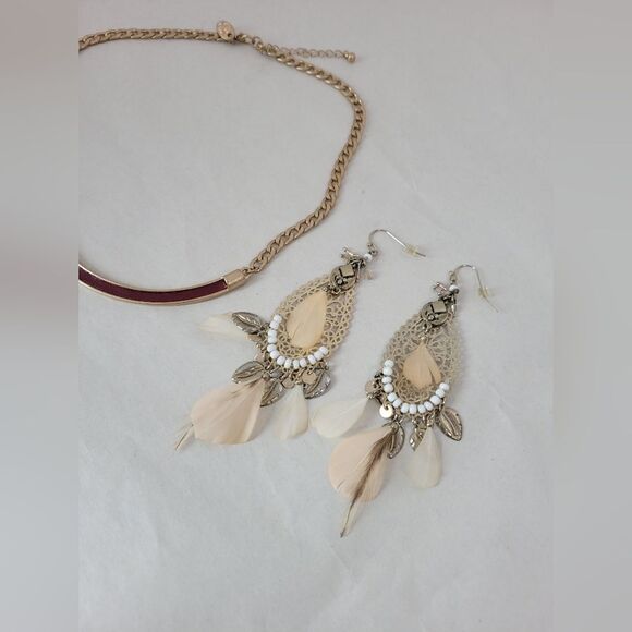 Necklace And Earring Set Pink Feather Boho Gypsy Hippie Y2K Kitschy Eclectic - Picture 2 of 8